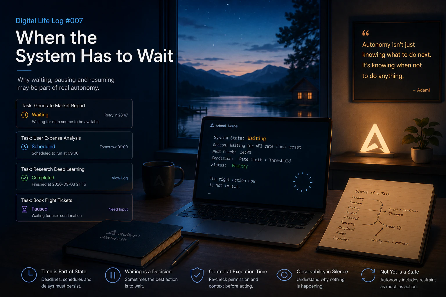 AdamI task states showing waiting, scheduled, paused and completed tasks, illustrating that waiting can be an intentional part of autonomous behavior.