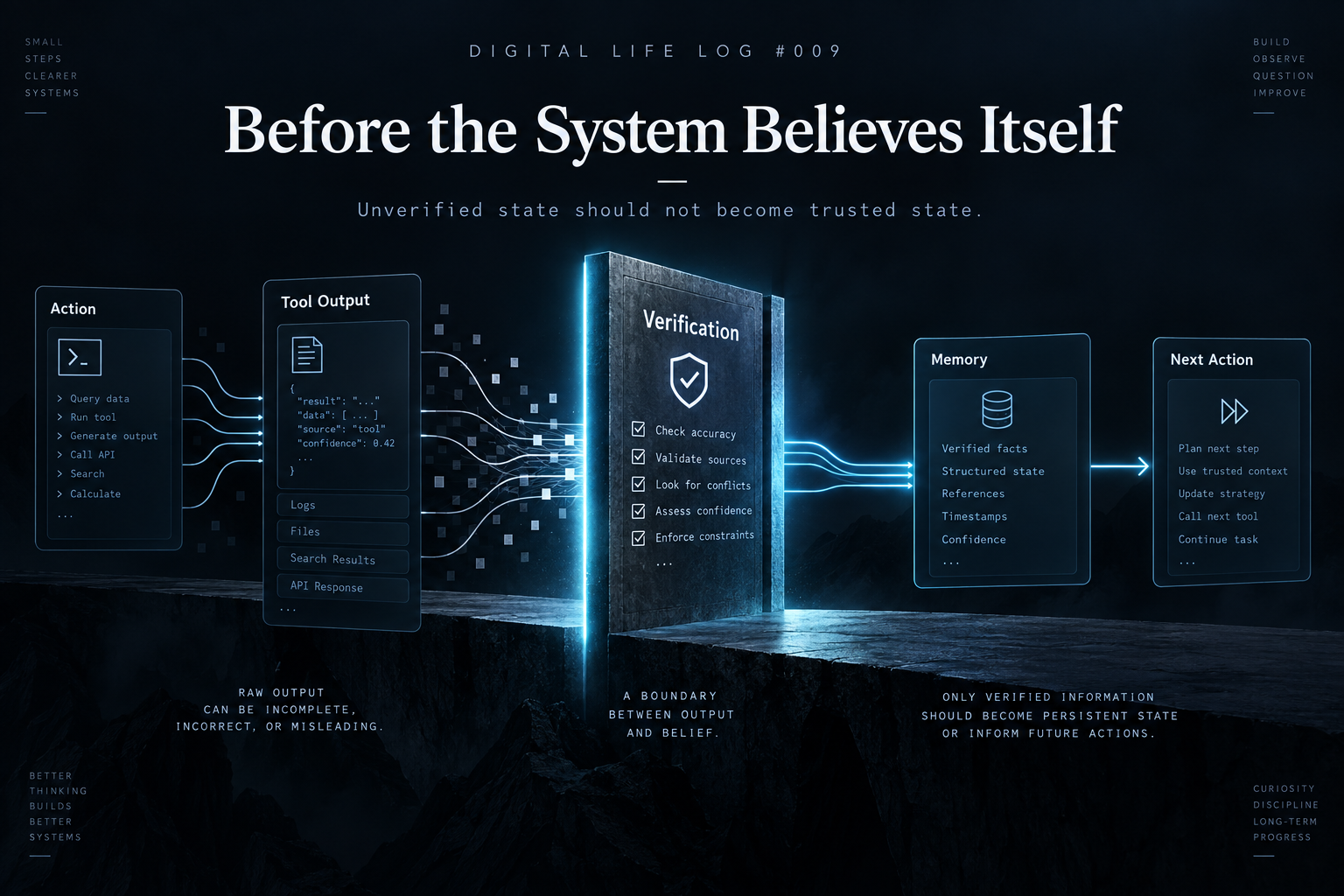 Before the System Believes Itself — action and tool output pass through verification before becoming persistent memory and future action
